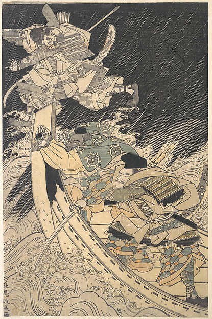 Minamoto no Yoshitsune and the warrior monk Benkei driving off the vengeful ghost of a drowned Taira commander.